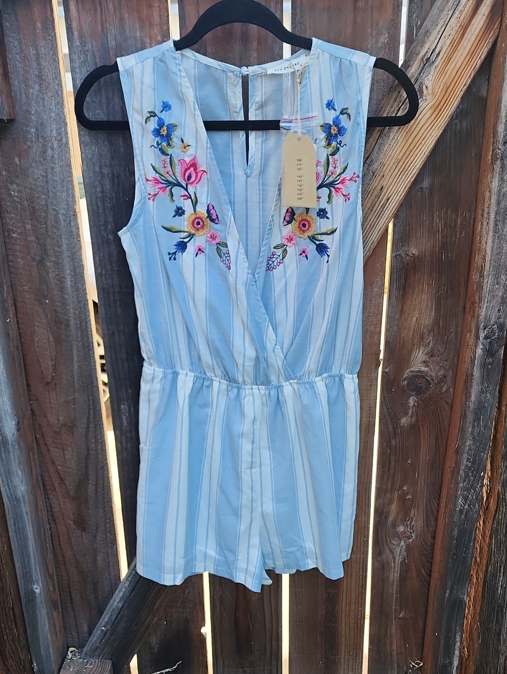 Blu Pepper Blue and White Striped Romper with Multicolor Floral Embroidery